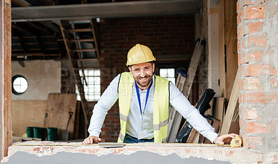 Buy stock photo Architect, building and smile on construction site for project architecture, industrial plan or maintenance safety. Portrait of happy professional engineer or builder working and smiling for contract