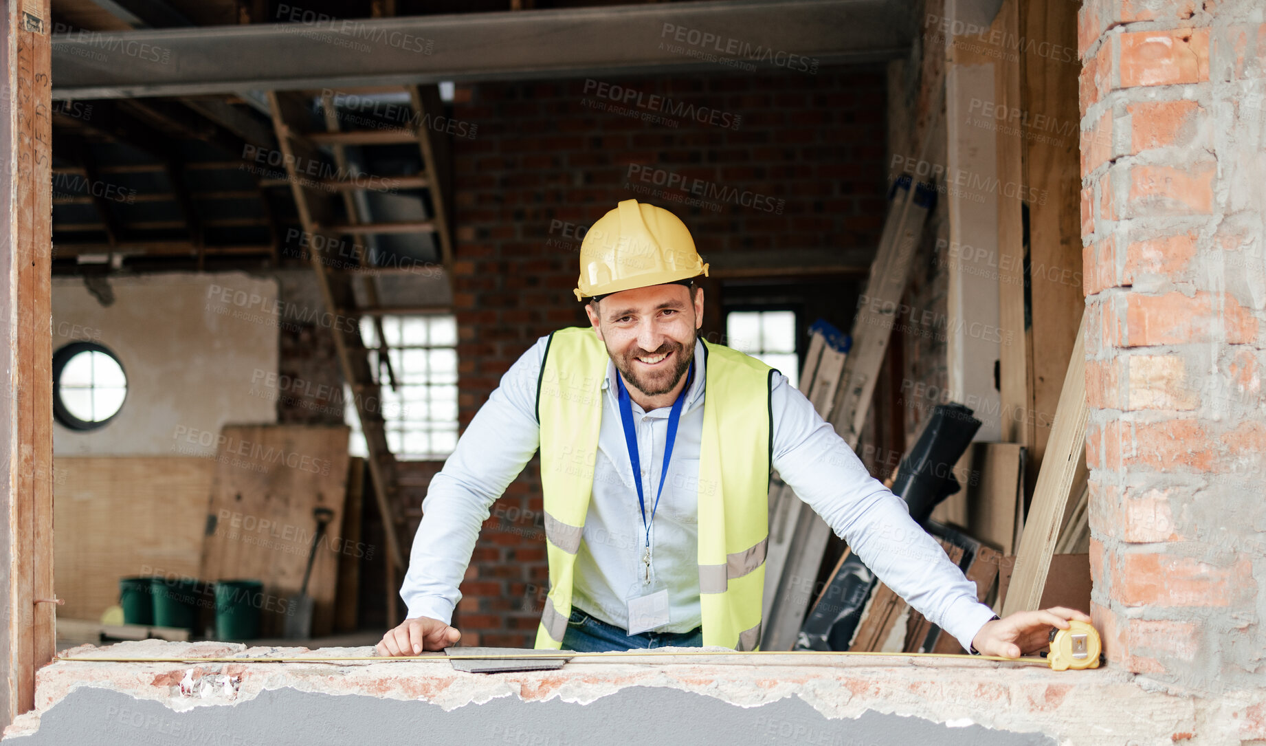 Buy stock photo Architect, building and smile on construction site for project architecture, industrial plan or maintenance safety. Portrait of happy professional engineer or builder working and smiling for contract