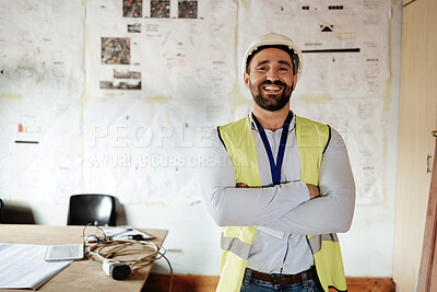 Buy stock photo Engineer, technician or construction worker happy for working in office for construction, architecture and building project. Portrait of a manager with smile for vision, goal and career in engineering
