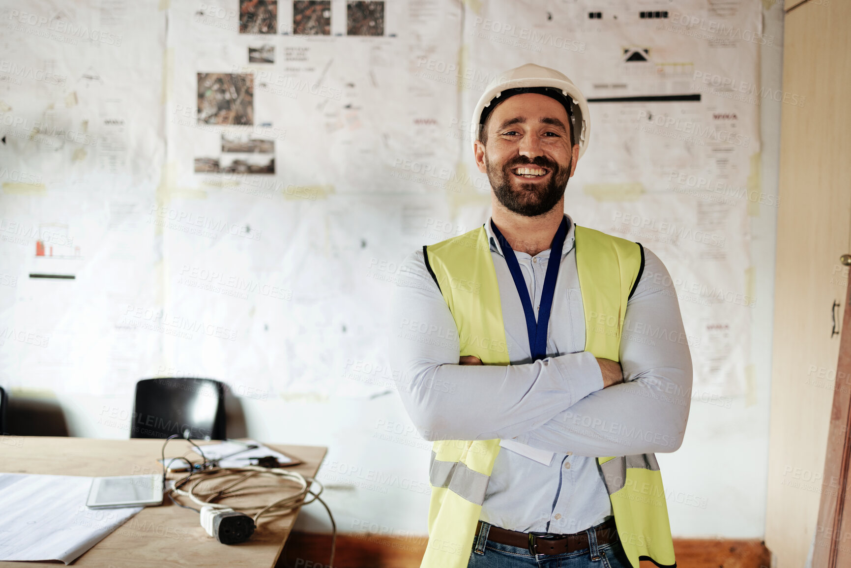 Buy stock photo Engineer, technician or construction worker happy for working in office for construction, architecture and building project. Portrait of a manager with smile for vision, goal and career in engineering