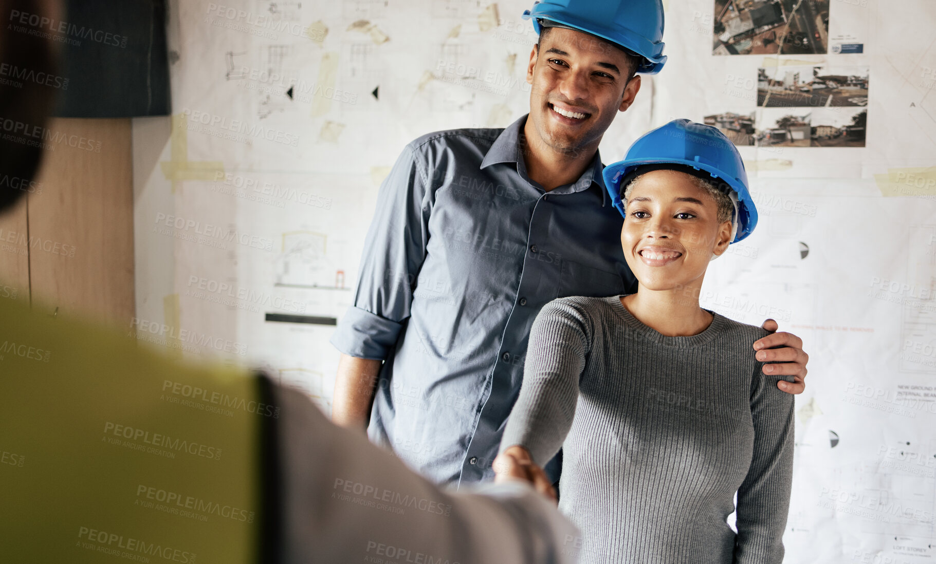 Buy stock photo Handshake, engineering and architect in a b2b partnership deal with a successful industrial company. Smile, hiring and happy woman in leadership shaking hands with a construction worker for a new job
