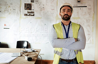 Buy stock photo Construction worker, portrait and man with arms crossed in office or building site for architecture project. Architect, engineer or serious male contractor, leader or engineering manager at workplace