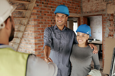 Buy stock photo Handshake, construction and couple with home contractor make client agreement for house development, service or renovation work. Real estate property, thank you or black people make deal with builder