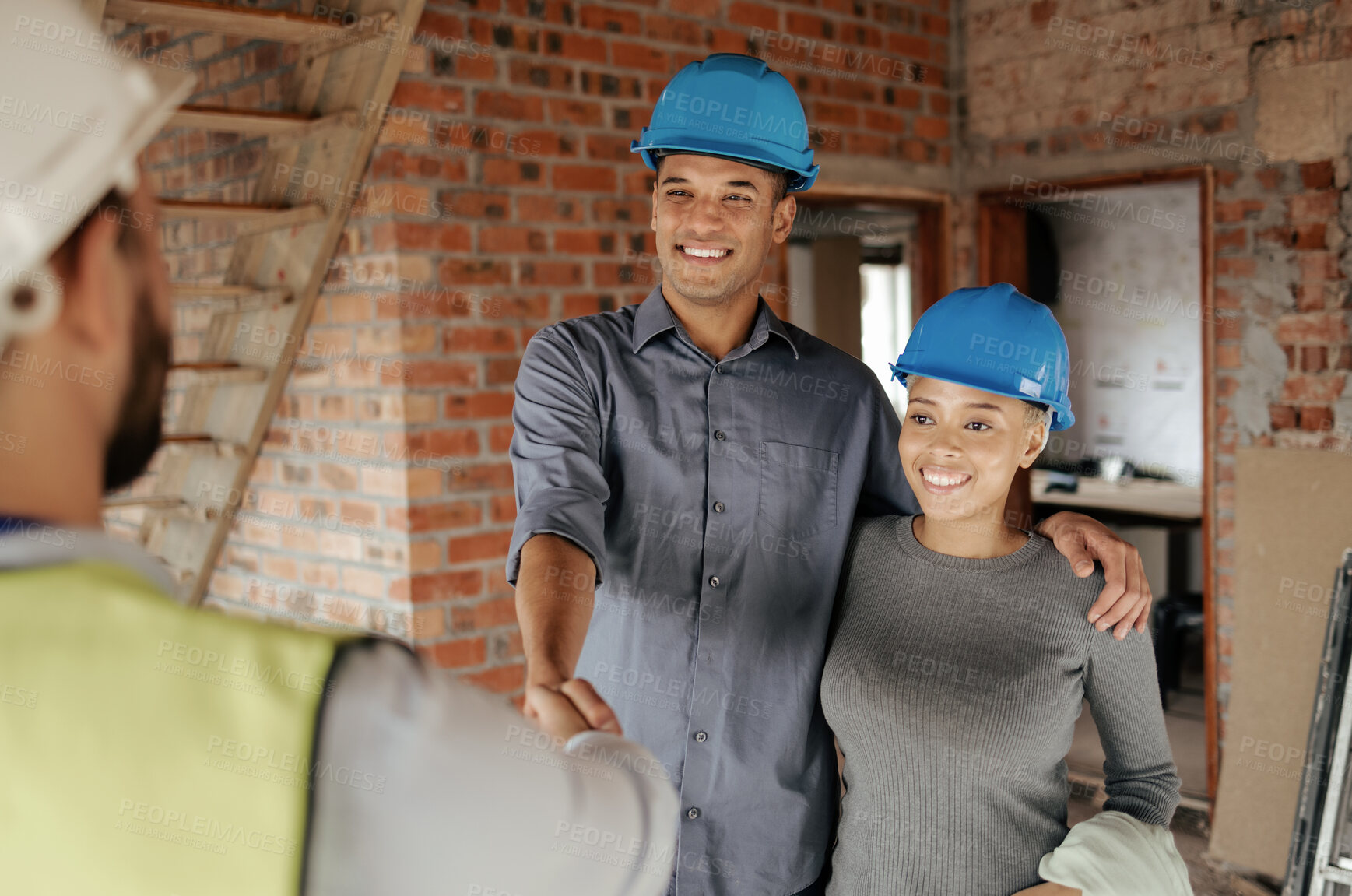 Buy stock photo Handshake, construction and couple with home contractor make client agreement for house development, service or renovation work. Real estate property, thank you or black people make deal with builder