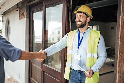 Buy stock photo Construction, architect and handshake deal at building for professional contract, trust and welcome. Architecture, house and renovation planning agreement with expert worker man on site.