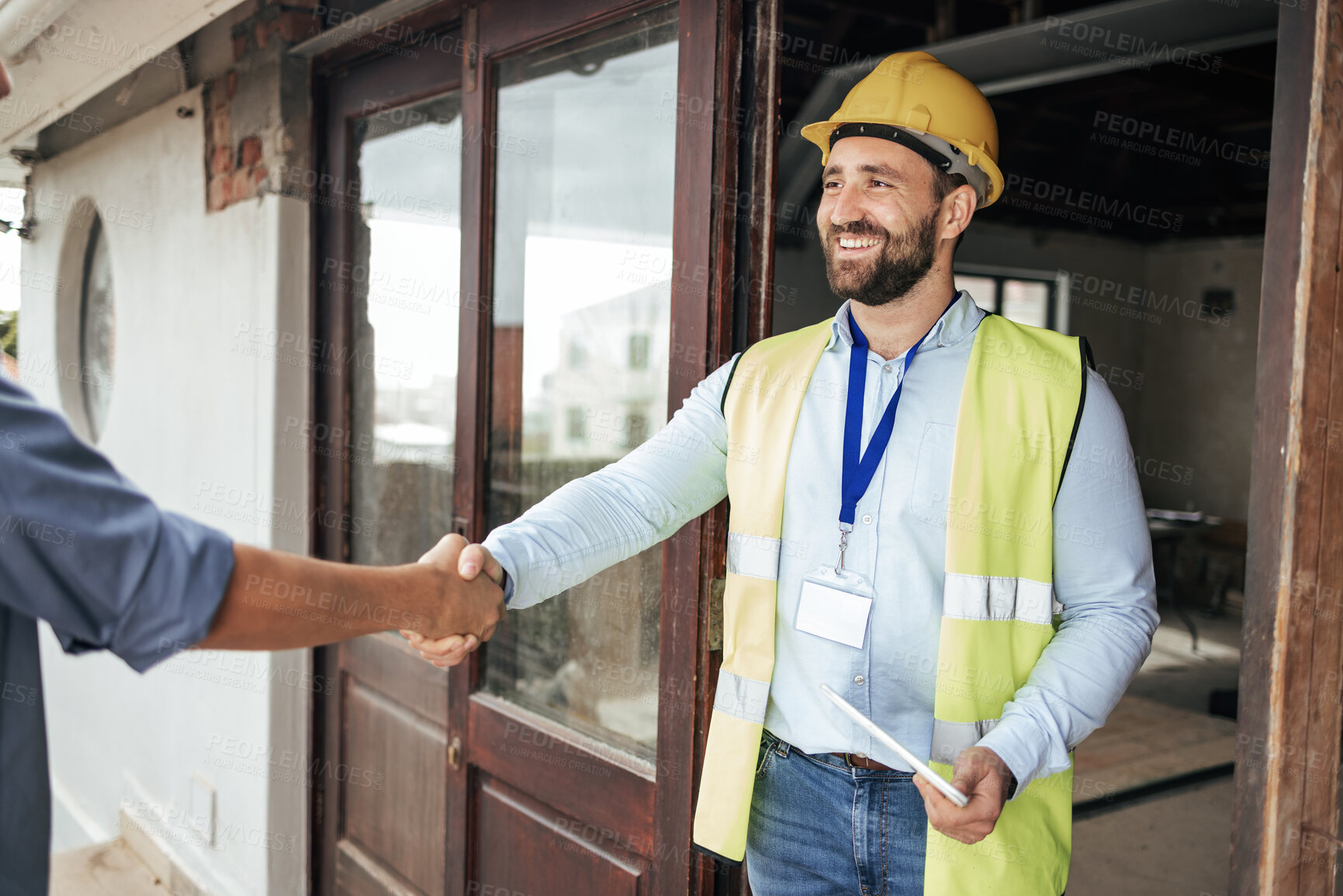 Buy stock photo Construction, architect and handshake deal at building for professional contract, trust and welcome. Architecture, house and renovation planning agreement with expert worker man on site.