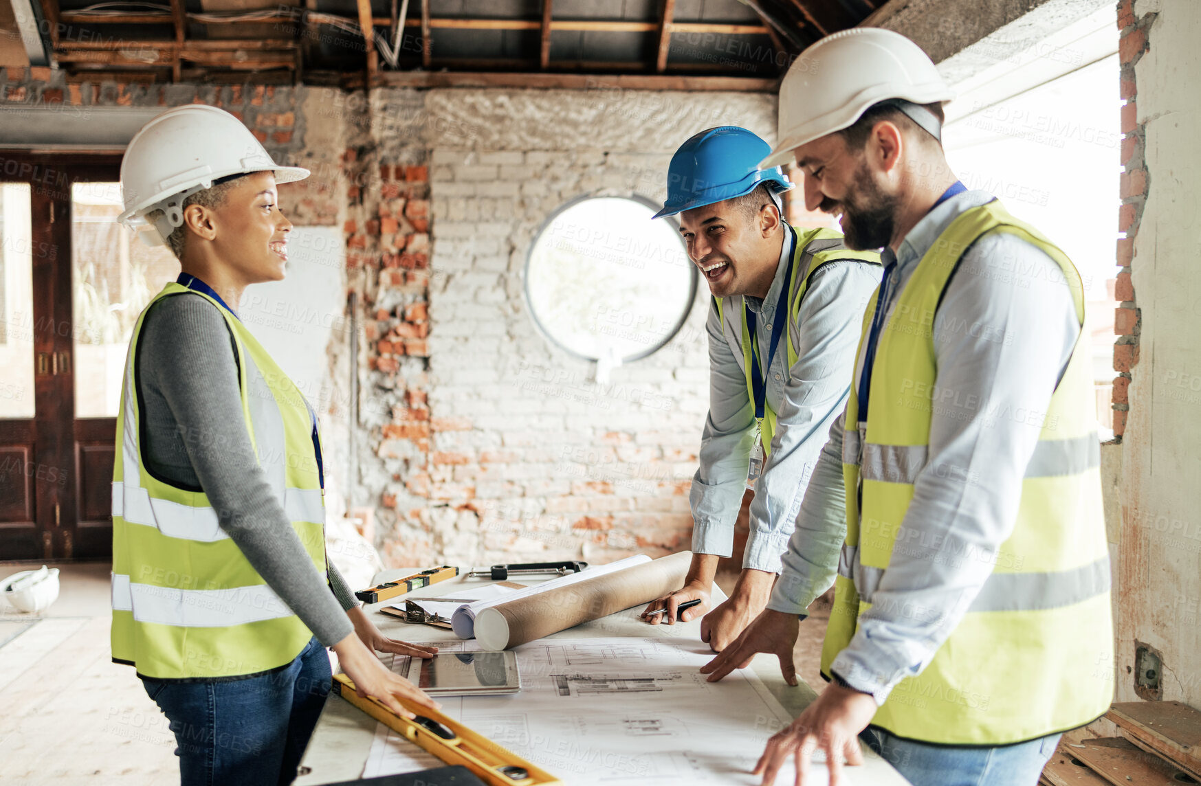 Buy stock photo Construction team planning a building blueprint project on site with collaboration for architect innovation. Architecture, design and engineers with teamwork for successful industrial renovation 
