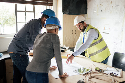 Buy stock photo Construction workers, teamwork collaboration and blueprint planning in house, home or office building. Men, woman and building engineering people with architecture design paper documents for property