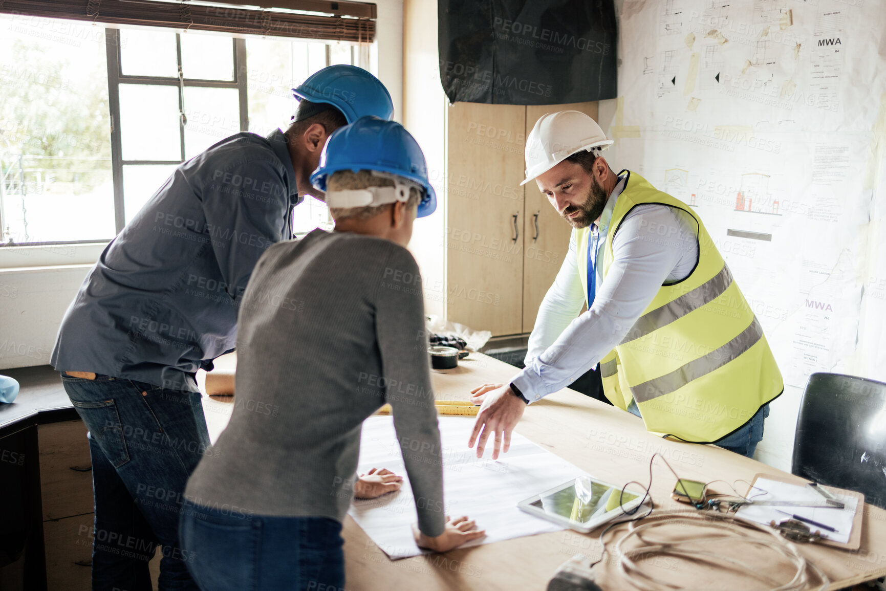 Buy stock photo Construction workers, teamwork collaboration and blueprint planning in house, home or office building. Men, woman and building engineering people with architecture design paper documents for property