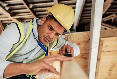Buy stock photo Wood, tools and carpenter man building project, furniture design or home renovation measure at construction site, workshop or manufacturing. Construction worker, contractor or builder working process
