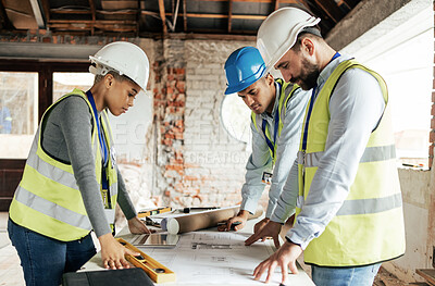 Buy stock photo Architect, construction and teamwork with an engineer, designer and technician working together on a blueprint. Meeting, planning and architecture with a design team at work on a building site