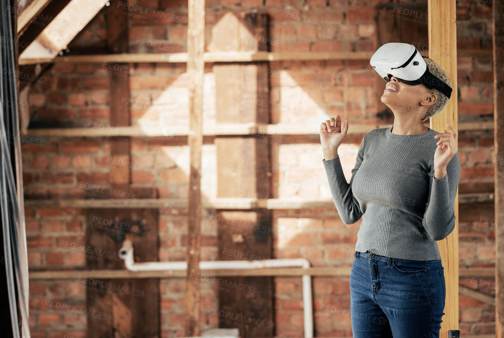 Buy stock photo Virtual reality, metaverse and construction with a woman designer planning a home improvement with technology. Future, ai and 3d with a female architect using a vr headset on a building site