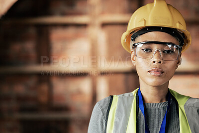 Buy stock photo Portrait of architecture, building and construction worker working on real estate construction project or development site. Maintainance job contractor, urban builder and serious black woman engineer