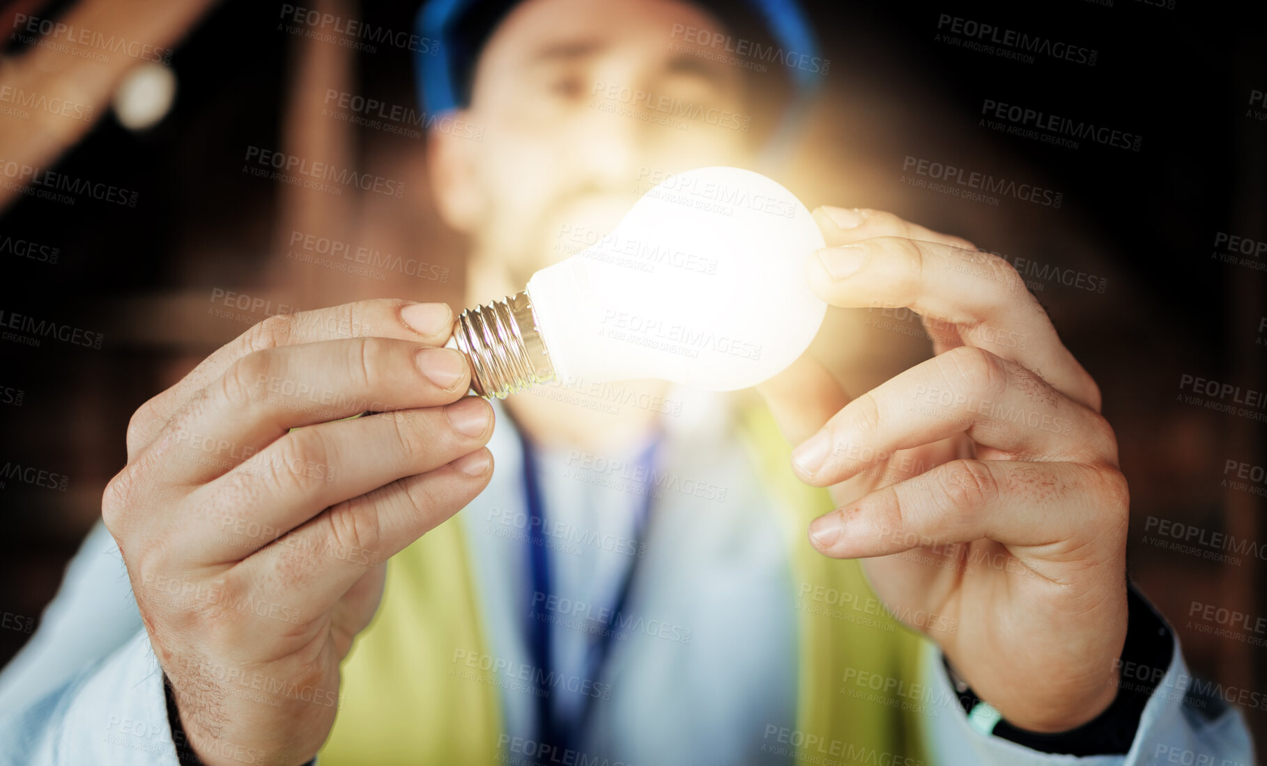 Buy stock photo Idea, light and man engineer holding a lightbulb for vision, innovation and construction. Contractor, construction worker and designer lights for a maintenance project with an architect and bulb