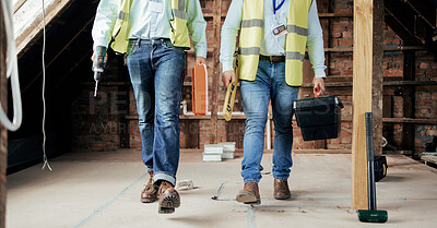 Buy stock photo Walking, construction and teamwork with an engineer and designer working on a building site. Industry, developer and collaboration with a construction worker and engineering professional at work
