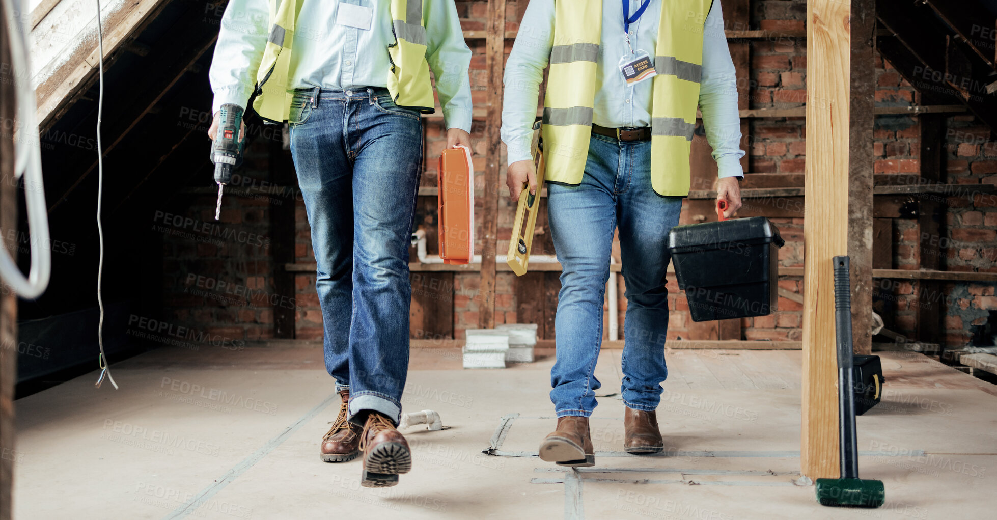 Buy stock photo Walking, construction and teamwork with an engineer and designer working on a building site. Industry, developer and collaboration with a construction worker and engineering professional at work