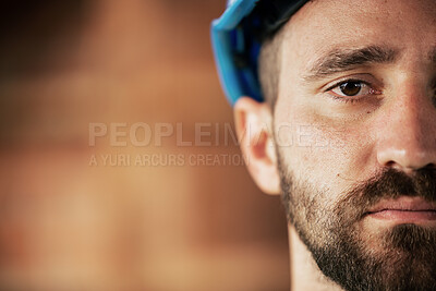 Buy stock photo Vision, face and construction worker with innovation, target and goal at building. Mockup portrait, worker and industrial employee working in architecture or engineering on a property with a hardhat 
