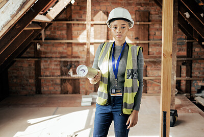 Buy stock photo Black woman in architecture, blueprint for roof construction and portrait of building manager. Interior design project in Orlando, professional career in industrial work and on site for maintenance