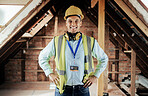 Construction, engineer and happy employee, smile and leadership on construction site or building renovation. Man architect, construction worker and development manager smile for maintenance success