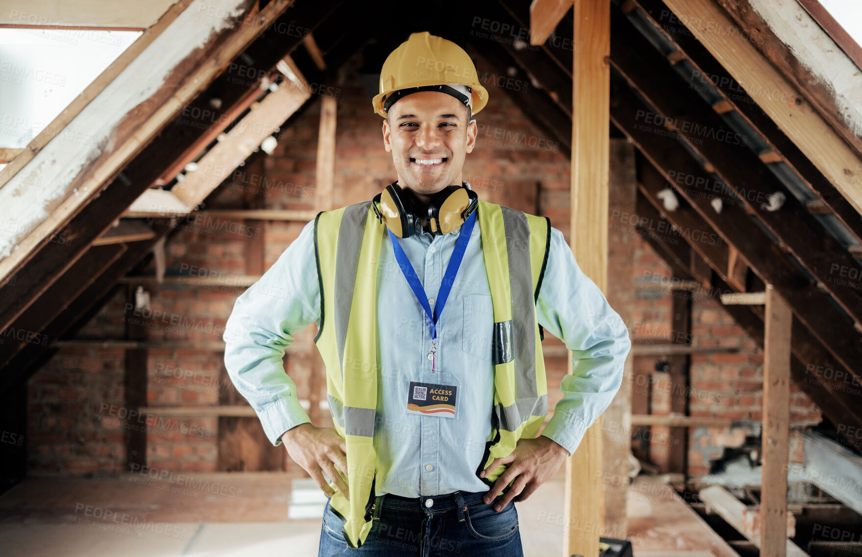 Buy stock photo Construction, engineer and happy employee, smile and leadership on construction site or building renovation. Man architect, construction worker and development manager smile for maintenance success