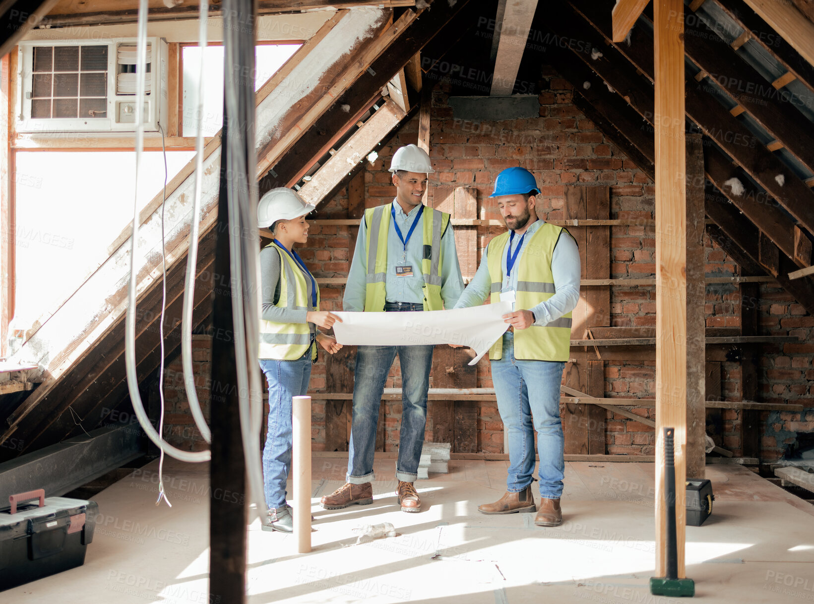 Buy stock photo Blueprint, planning and architect team meeting for construction, building and industrial house project. Teamwork, collaboration and employees talking about architecture on paper at a site location