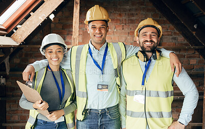 Buy stock photo Architect, engineer and team happy with construction, teamwork and support in home development. Engineering, construction worker and collaboration with smile, vision and teamwork in building project 