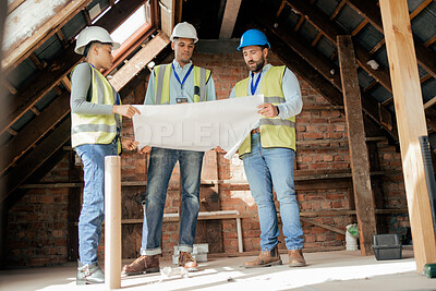 Buy stock photo Construction workers, teamwork diversity or collaboration in blueprint planning, real estate innovation or property innovation. Men, woman or construction site design paper for house or home building