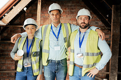 Buy stock photo Construction workers, men and woman in teamwork collaboration with property vision, real estate ideas or house innovation. Portrait, building engineering or architecture workers with blueprint paper