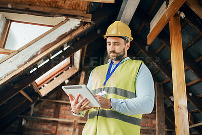 Buy stock photo Tablet, construction and building with a man engineer working online on a building site from below. Construction worker, architect and industry with a male technician planning design while at work
