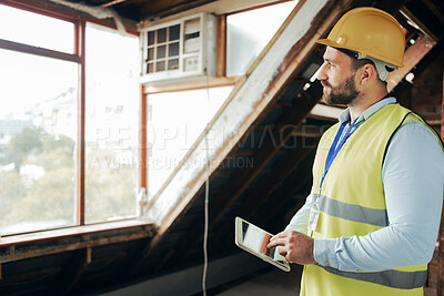 Buy stock photo Thinking construction worker, man and tablet for real estate ideas, property innovation or architecture vision. Building engineering, worker or contractor on technology for house project management 