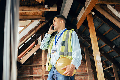 Buy stock photo Architect, phone call and man talking on smartphone at construction site for building project. Engineer, contact and happy male on 5g mobile discussing, chatting or speaking about engineering plans.