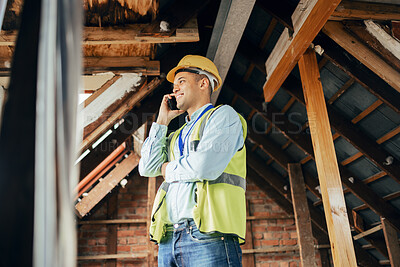 Buy stock photo Architecture, construction and phone call with male architect planning a building project with communication. Engineer, man and cellphone conversation for construction worker home renovation project