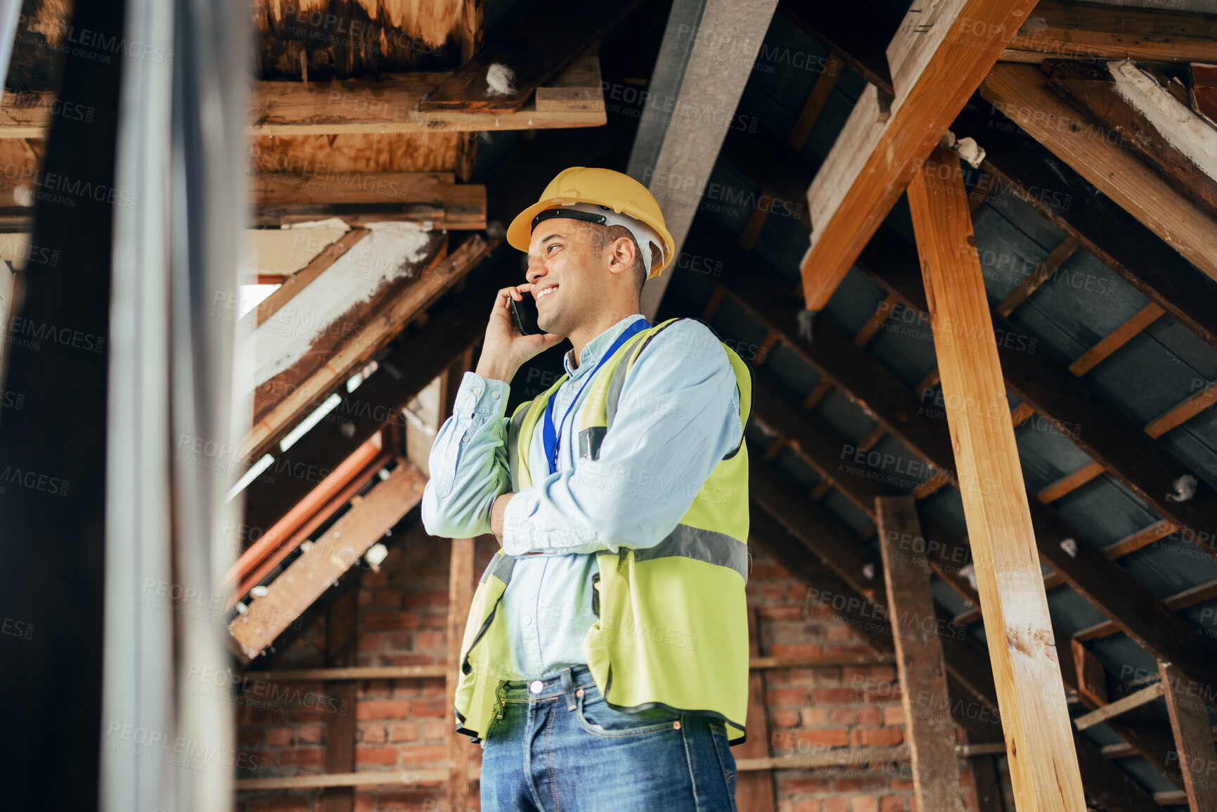 Buy stock photo Architecture, construction and phone call with male architect planning a building project with communication. Engineer, man and cellphone conversation for construction worker home renovation project