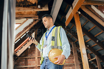 Buy stock photo Building, engineering and construction worker with phone in hand texting, typing and online. Technology, construction and architect, engineer or contractor in building site on internet on smartphone