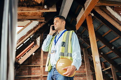 Buy stock photo Engineering, phone call and man at a construction site working on an architectural project. Smartphone, architecture and industry worker on a mobile conversation while doing maintenance on a building