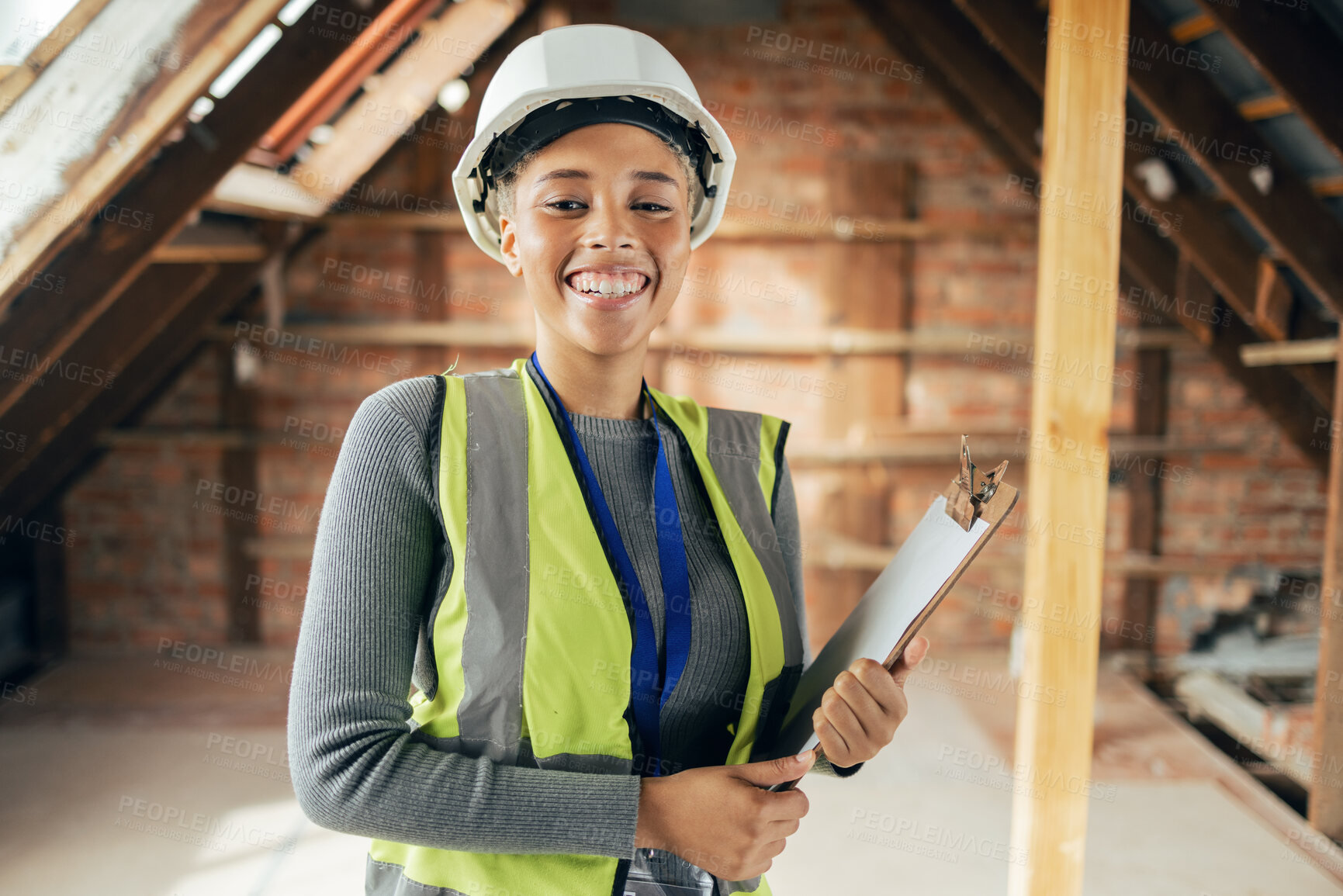 Buy stock photo Architect woman, clipboard and happy on construction site in industry, planning and inspection. Engineer, architecture and construction worker smile at industrial workplace in building, house or home