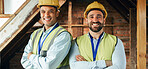 Building, collaboration and portrait of construction workers with success, happiness and teamwork. Engineering, leadership and businessmen in architect industry working together on construction site