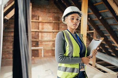 Buy stock photo Construction, inspection and construction worker working on the maintenance, renovation and planning of a house. Building, engineering and portrait of an architecture engineer in safety at a site