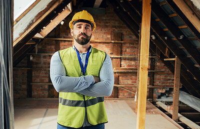 Buy stock photo Construction worker, man or arms crossed in house or home and real estate vision, property innovation or architecture ideas. Portrait, building engineering contractor or employee on construction site