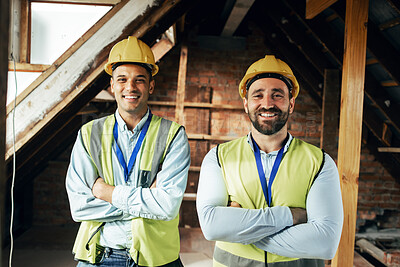 Buy stock photo Leadership, construction worker or happy engineer in construction site for motivation, architecture or working on building. Confidence, teamwork or collaboration for architect vision, mission or goal