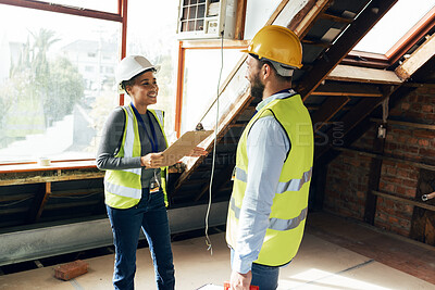 Buy stock photo Engineering team, talking and planning together for a building construction or renovation project with teamwork, collaboration and communication. Man and woman engineer or technician talk development