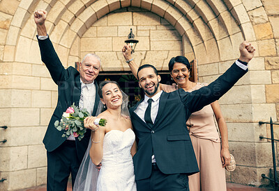 Buy stock photo Wedding, mother and father with a happy couple in celebration of a love marriage event with family pride. Proud mom and dad smiling with a bride and groom with hands raised for a successful union