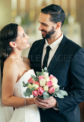Buy stock photo Man, woman and love at wedding for affection, romance and commitment ceremony in a church. Marriage, married and husband and wife celebrating after loving, caring and romantic people event 