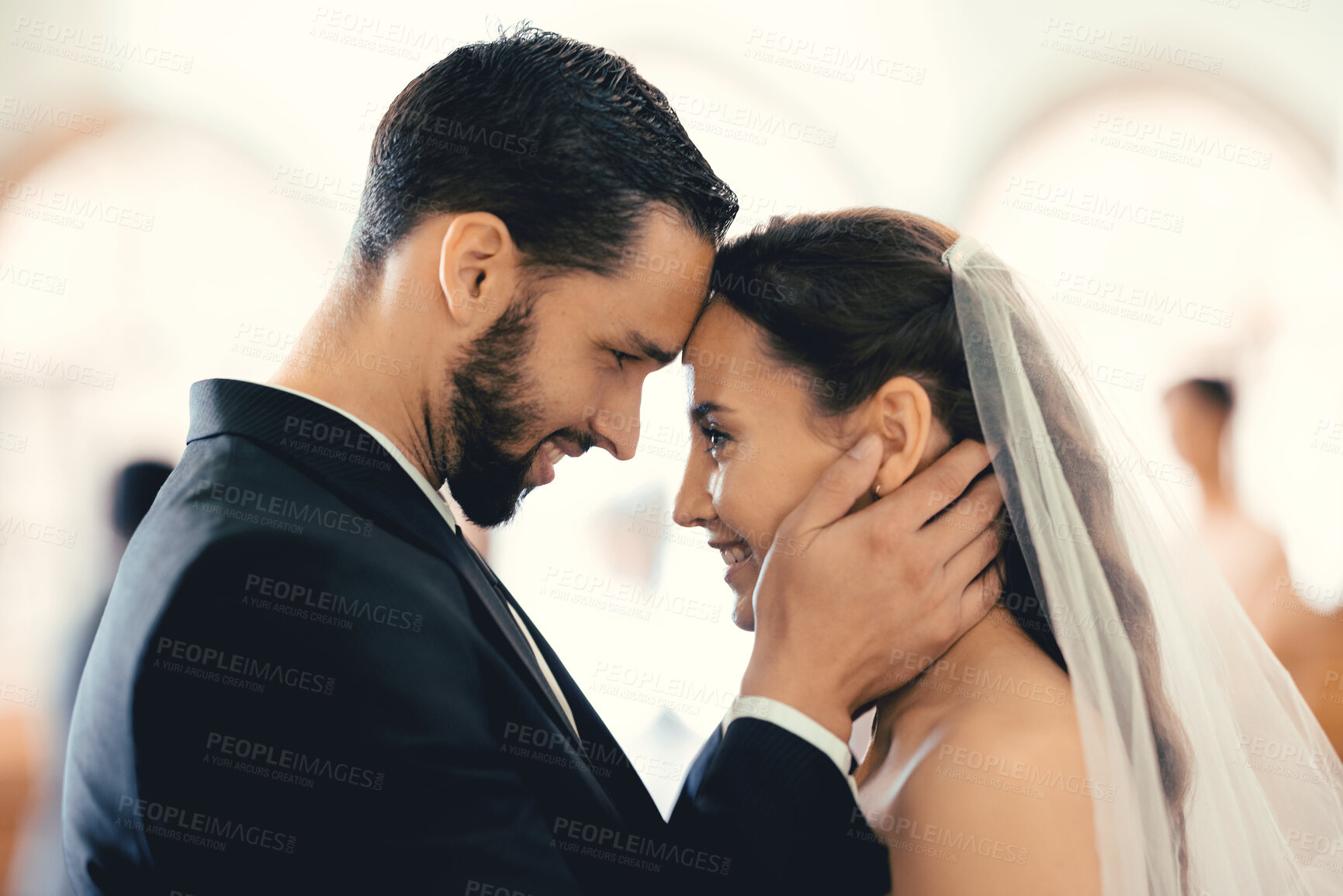 Buy stock photo Couple love, wedding and face together for support, care and trust. Happy bride, groom smile and forehead eye contact for marriage, happiness and romantic partnership on special day celebration