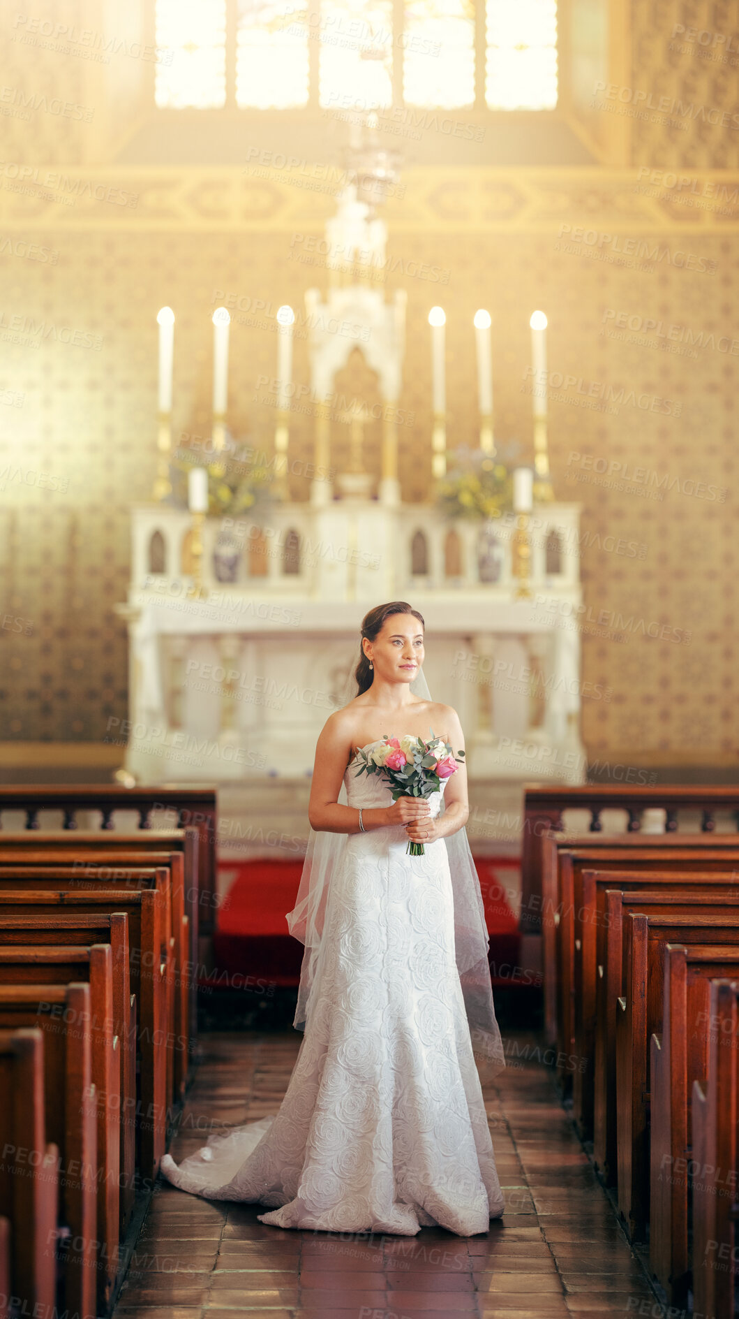 Buy stock photo Wedding, bride and in white dress in church for celebration, happiness and confident in temple, for marriage and joy. Young female, bouquet and married being calm, content and happy for relationship.