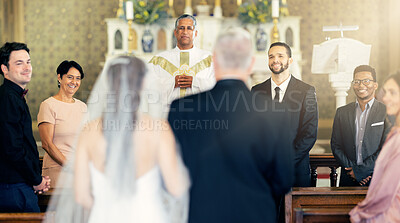 Buy stock photo Wedding, love and bride and father walking the aisle in a church for celebration together. Happy, smile and groom, family and friends waiting for future wife with dad during event for marriage