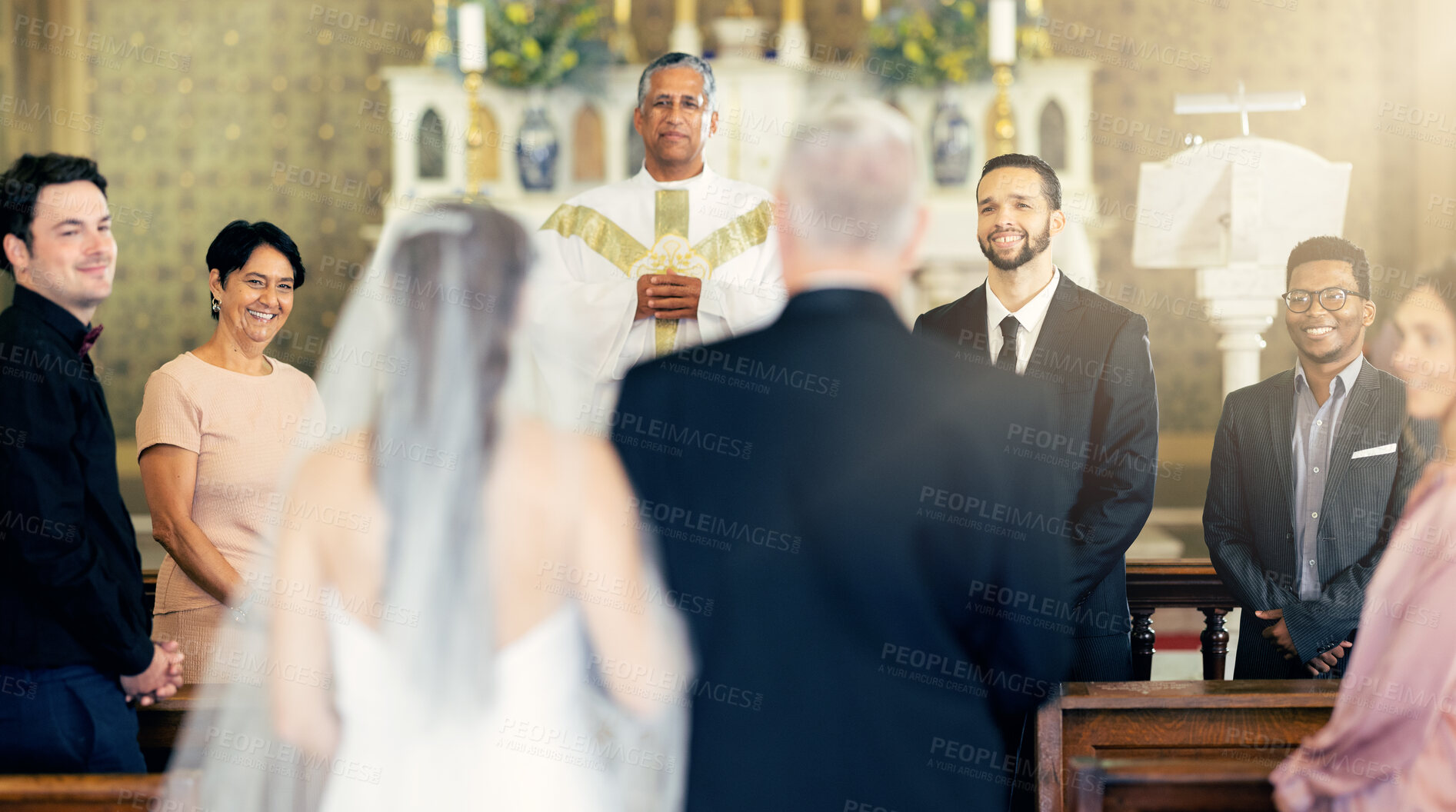 Buy stock photo Wedding, love and bride and father walking the aisle in a church for celebration together. Happy, smile and groom, family and friends waiting for future wife with dad during event for marriage