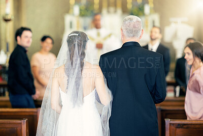 Buy stock photo Wedding, event and father with bride at chapel for celebration, faith and marriage ceremony. Happy, family and church with dad and daughter walking in aisle for love, pride and Christian belief