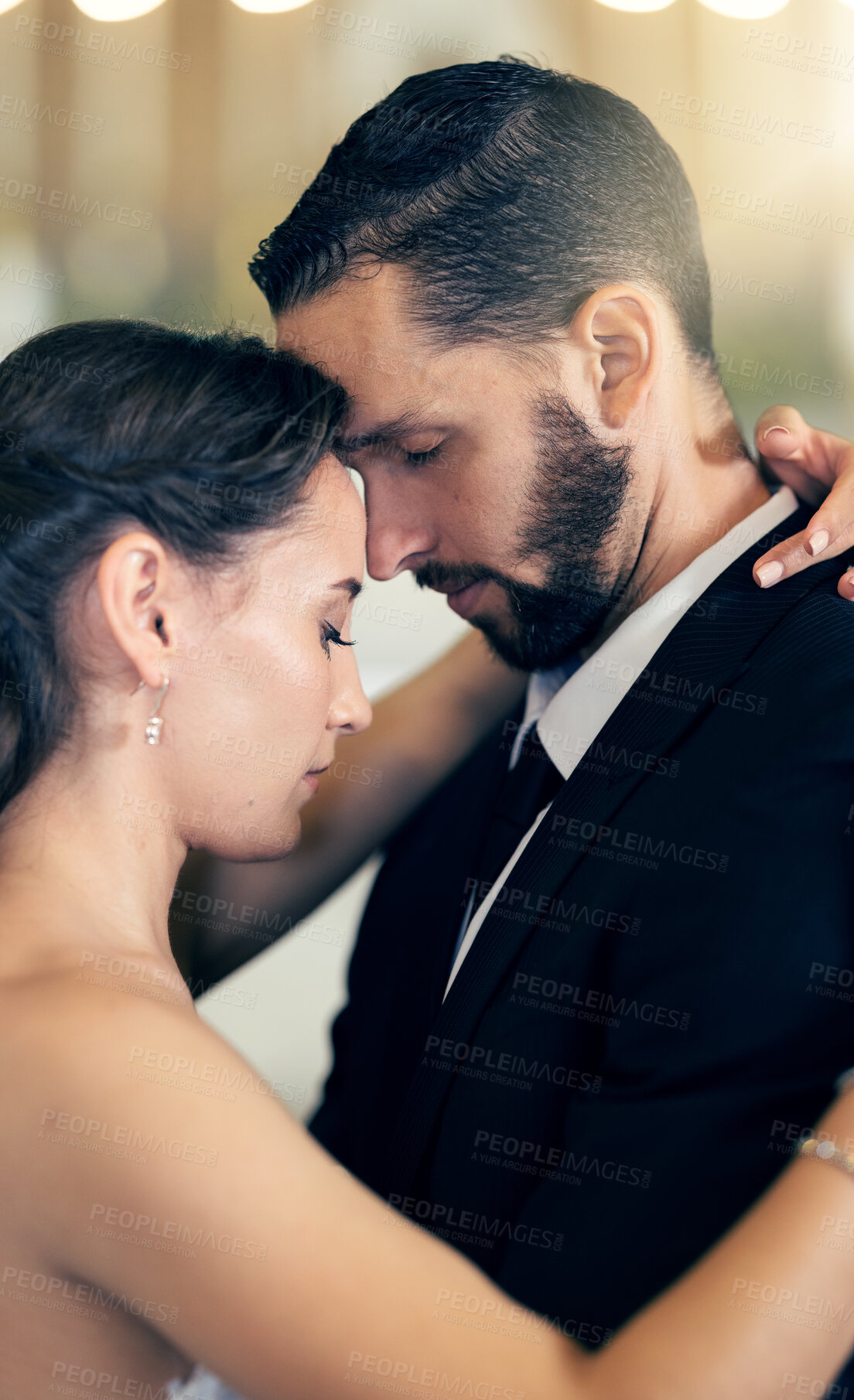 Buy stock photo Bride, groom or couple hug at wedding event, love union or save the date celebration in trust, support or security bond. Man, woman or marriage reception dance, prayer or romance commitment ceremony