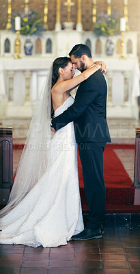 Buy stock photo Love, wedding and couple dance in church in celebration of the bride and grooms faithful commitment in marriage. Romance, support and classy wife dancing with a trusted husband at a romantic event